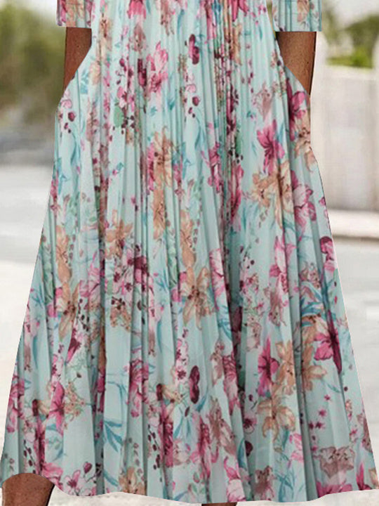 Women's Long Sleeve V-neck Graphic Floral Printed Lace Midi Dress