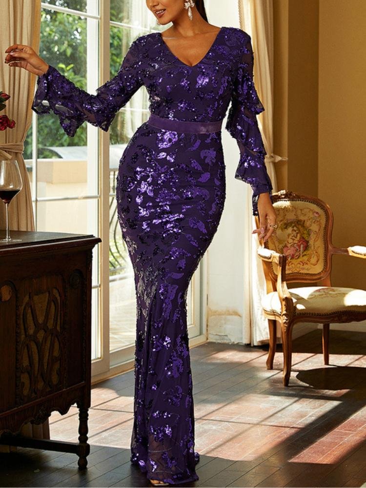 Neosepa-Gorgeous V Neck Tiers Of Soft Ruffles Gather Waist Purple Fishtail Maxi Dress