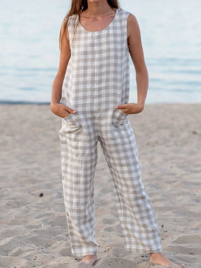 Women's Casual Round Neck Sleeveless Plaid Print Jumpsuit