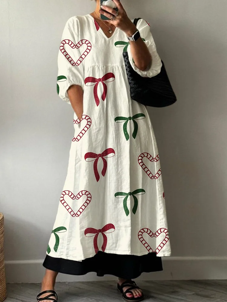 Women's Christmas Bow Heart Print Pocket V-neck Cotton Dress