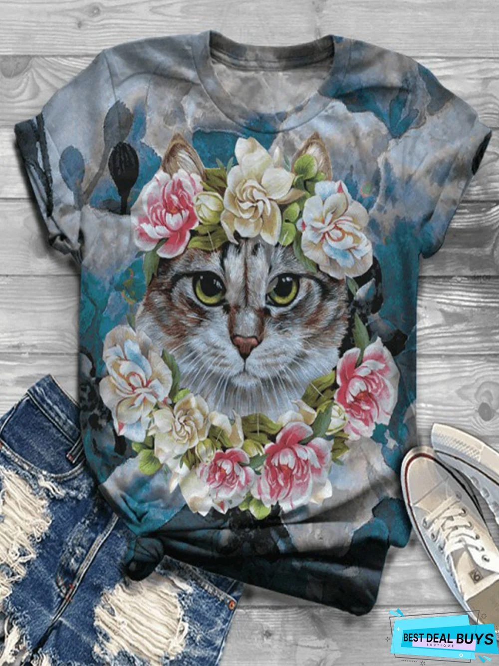 Vintage Short Sleeve Statement Cat Floral Printed Crew Neck Plus Size Casual Tops