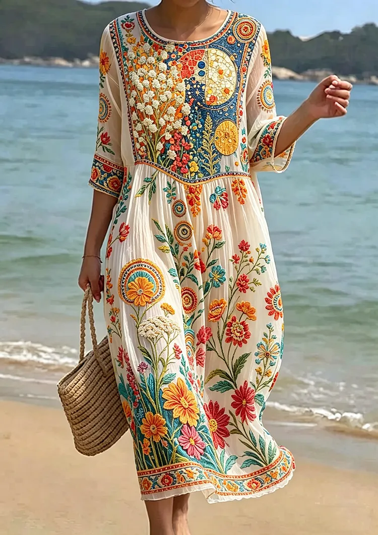 Women's Floral Embroidered Smocked Waist Midi Dress