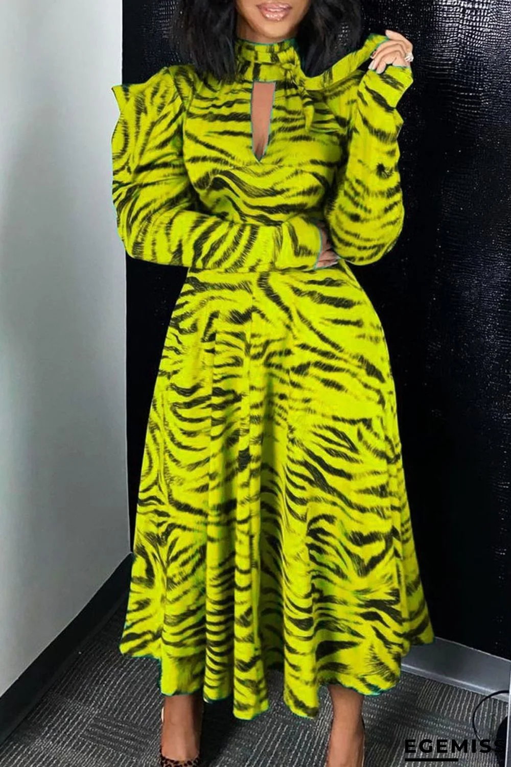 Yellow Fashion Street Print Patchwork Turtleneck A Line Dresses | EGEMISS