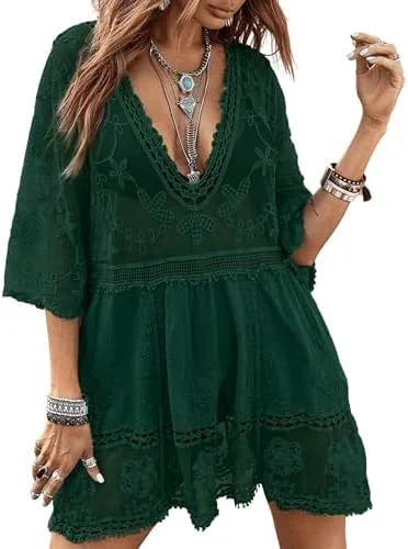 B2prity Women's Contrast Lace Bathing Suit Cover Up V-Neck Swimsuit Coverups Loose Swimwear Beach Dress Beachwear