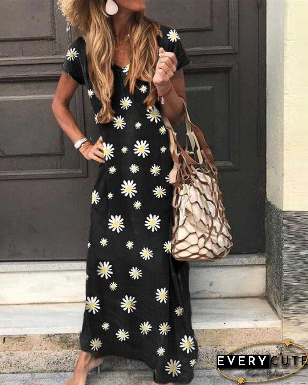Floral V Neck Casual Short Sleeve Maxi Dresses