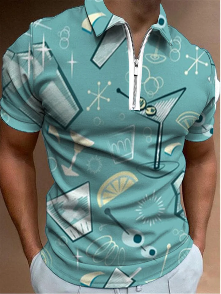 New lapel men's vintage style printed casual zipper polo shirt men's short sleeve
