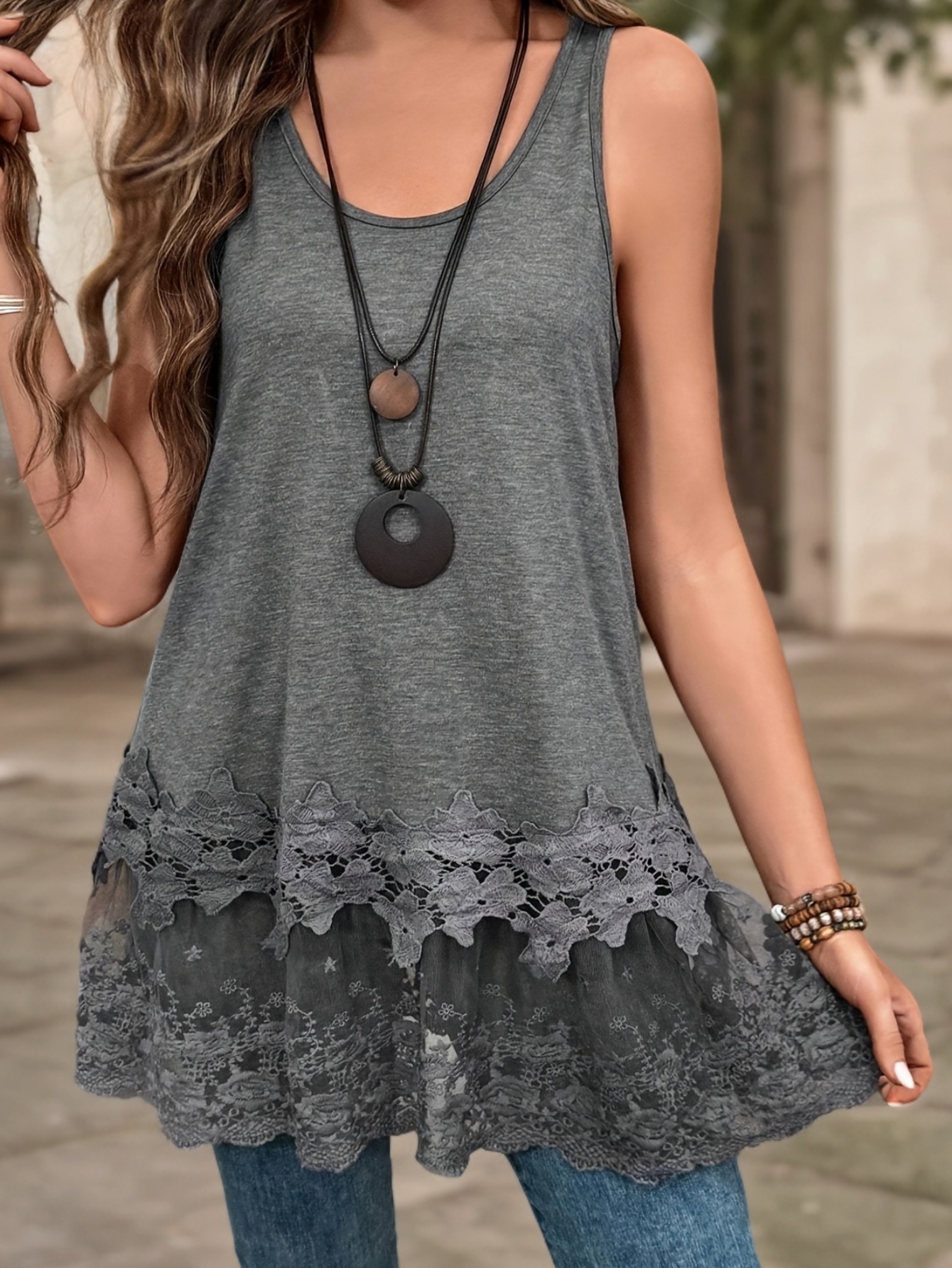 Women's Casual Sleeveless Lace Trim Tank Top - Black Round Neck Medium Stretch Top For Spring Summer Fall, Machine Washable & Versatile Layering Piece, Lace Tank Top, Seasonal Fashion, Comfortable Fit | IFYHOME