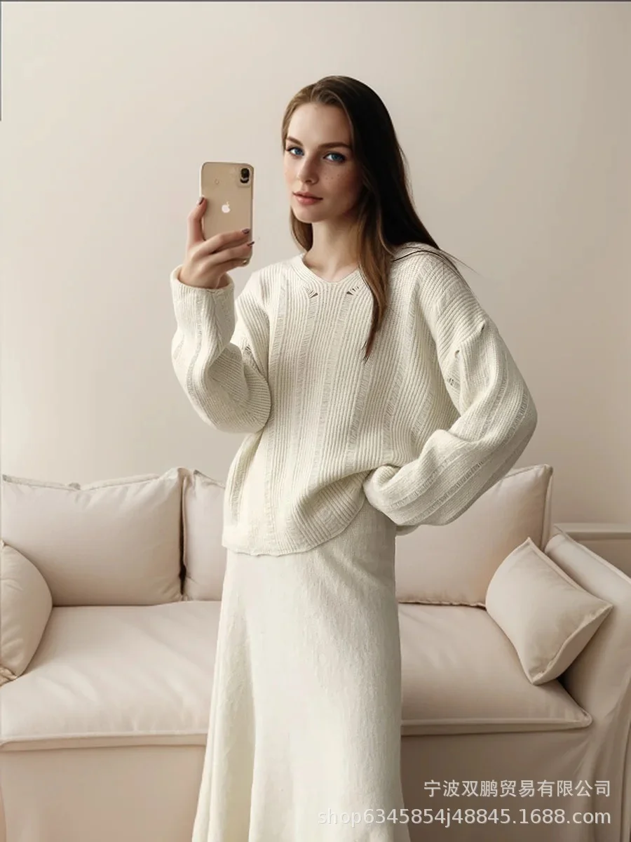 Athvotar Athvotar Loose Knitting Suit Women 2025 Autumn And Winter New Round-Neck Sweater + Fishtail Skirt Real Shot