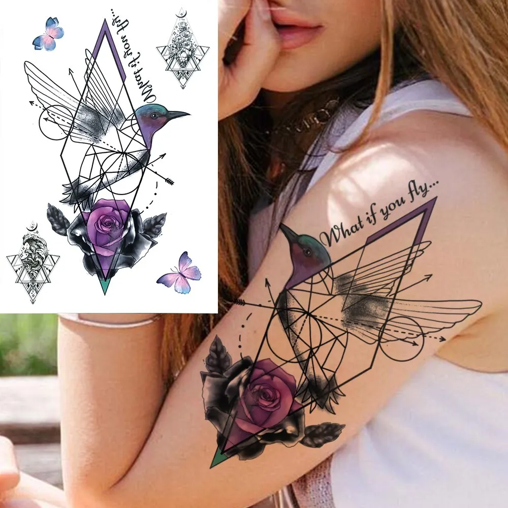 3D Flower Triangle Temporary Tattoos For Women Girl Fake Wolf Deer Geometry Tattoo Sticker Peony Dahlia Body Art Adults Tatoos
