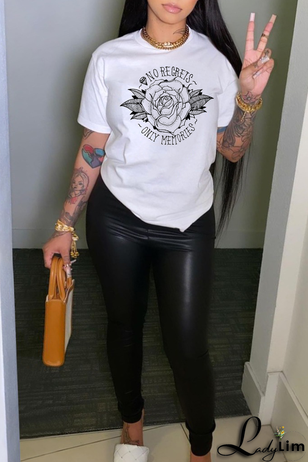 White Casual Daily Print Patchwork Letter O Neck T-Shirts