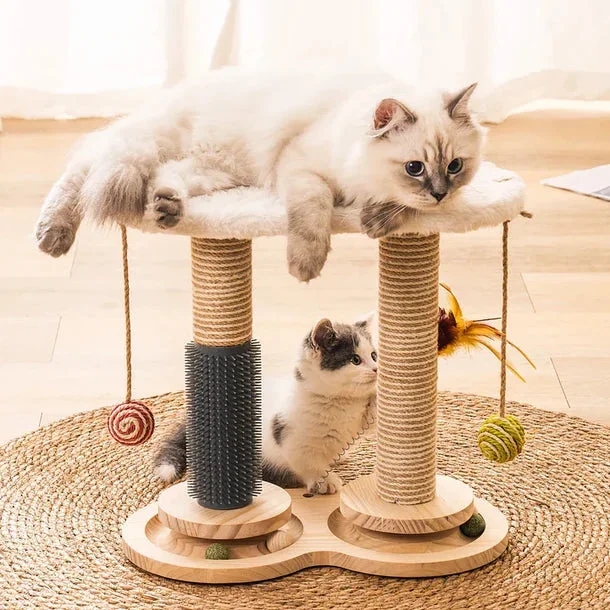 Jouet Multifonctionnel en Bois pour Chat – Griffoir Solide, Auto-Toilettage, Perchoir en Polaire de Lapin, Plumes et Balles de Jeu