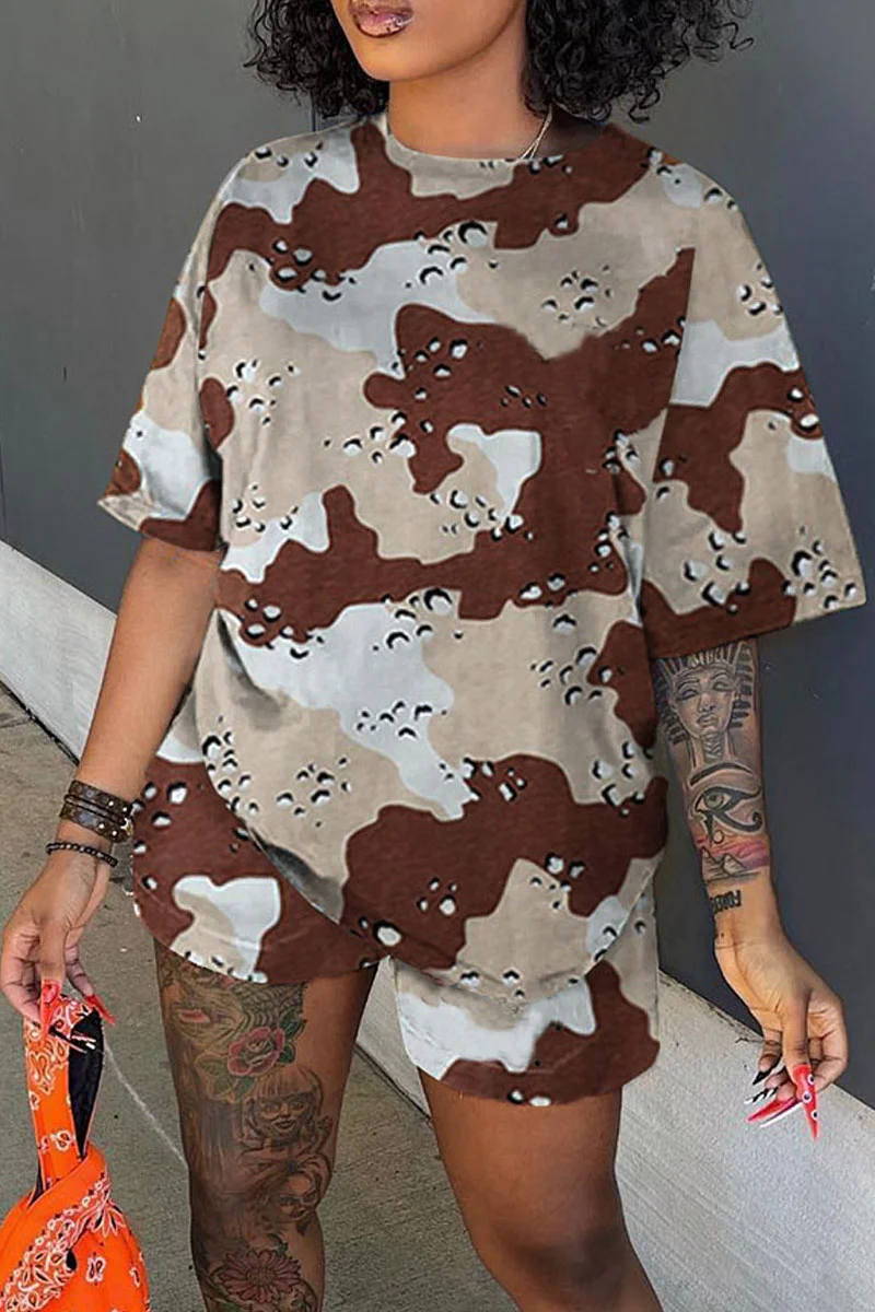 Khaki Casual Print Patchwork O Neck Short Sleeve Two Pieces | EGEMISS