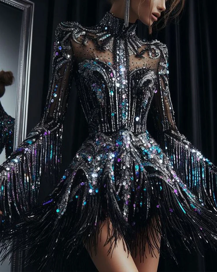 Embroidered Sequined Fringed Mini Dress