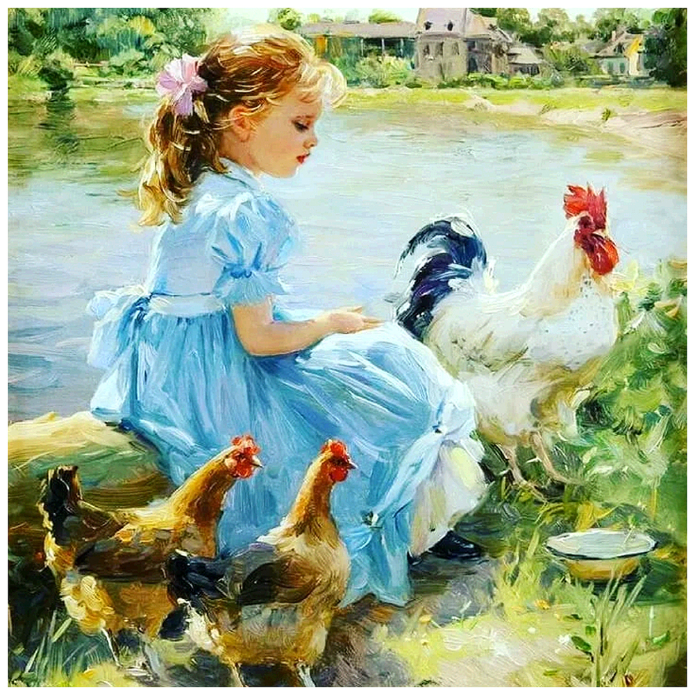 Картина дети кормят курицу и цыплят