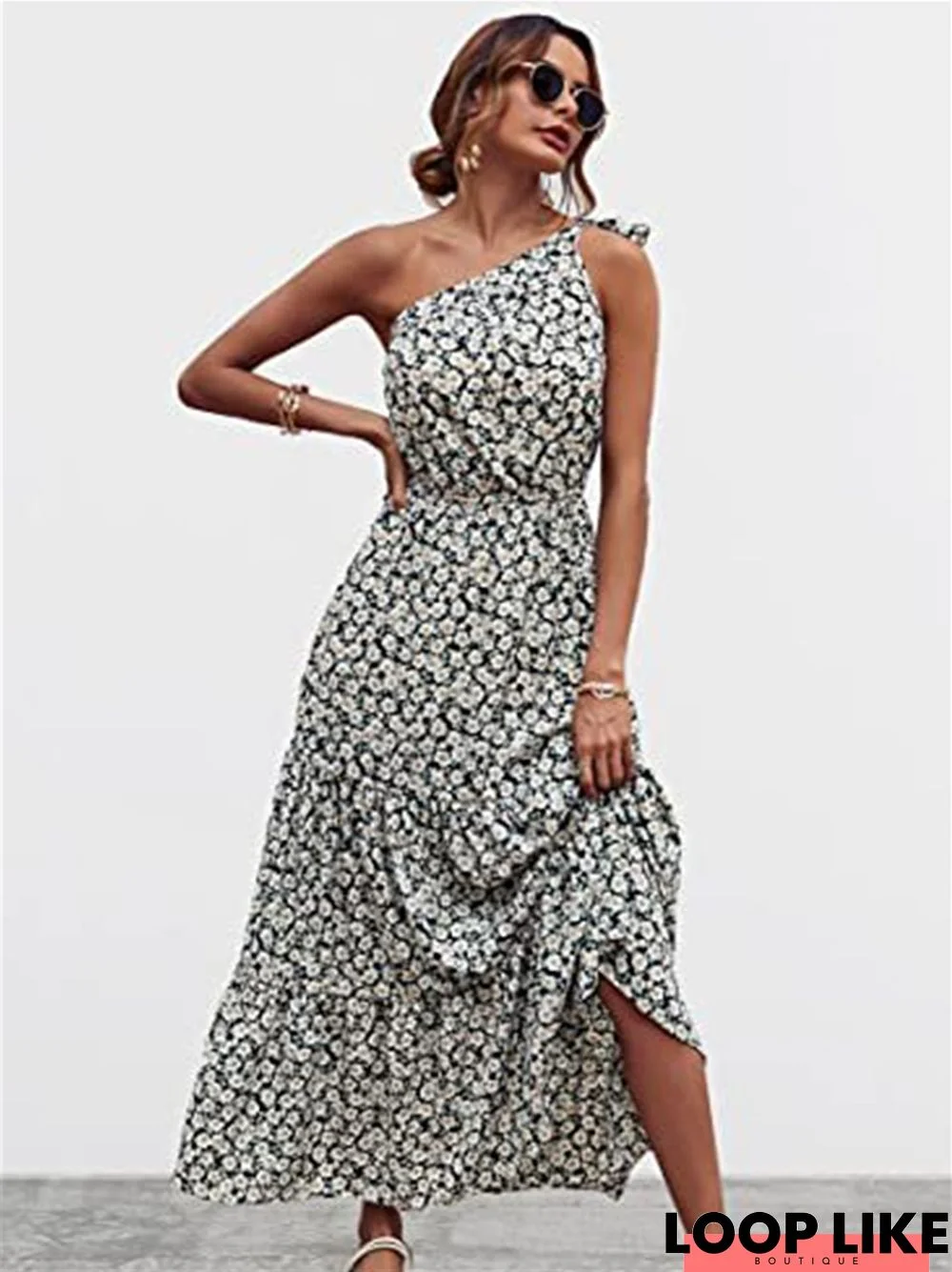 Women's Diagonal Shoulder Strapless Printed Sleeveless Dress Black Dresses