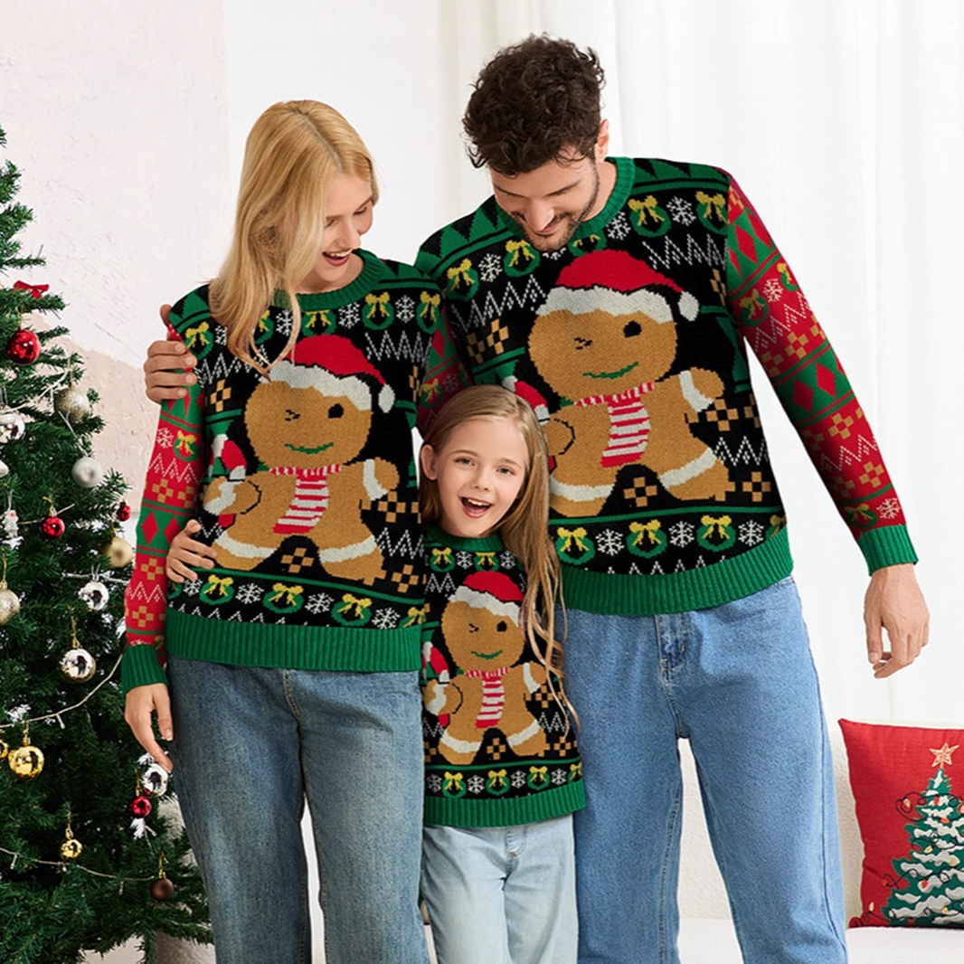Parent-child Outfit Cute Gingerbread Man Pullover Sweater Autumn And Winter Long-sleeved Green Loose Christmas Sweater