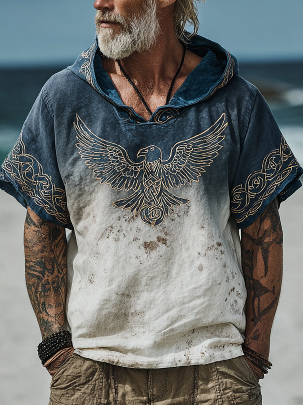 Men's Viking Inspired Golden Gradient Raven Rune Short Sleeve Hoodie / Rvogue / Rvogue