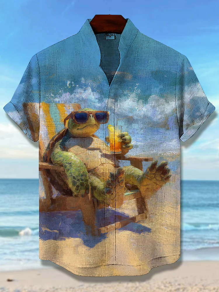 Men's Sea Turtle Drinks Cocktail On Vacation Art Print Casual Shirt