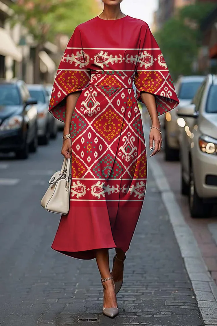 Women's Elegant Vintage Ethnic Print Midi Dress