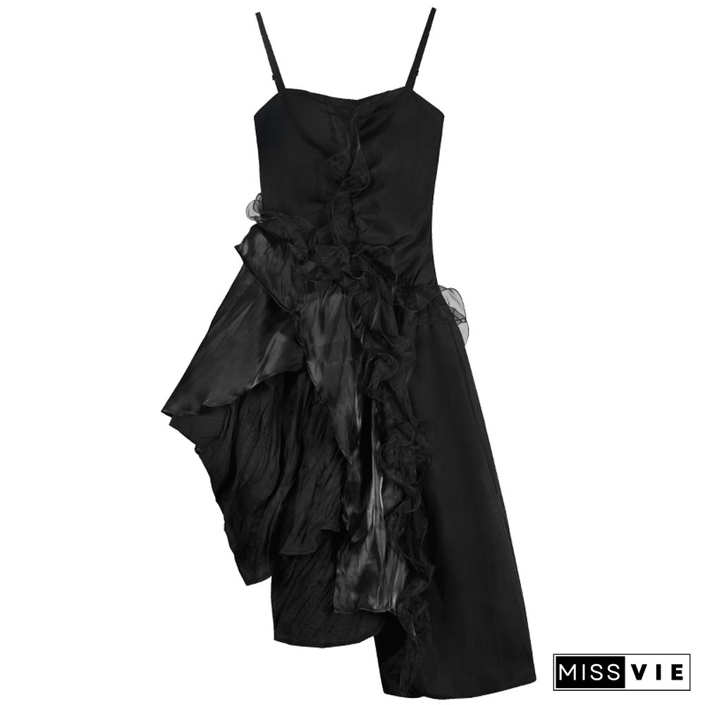 Irregular Lace Slip Dress Black