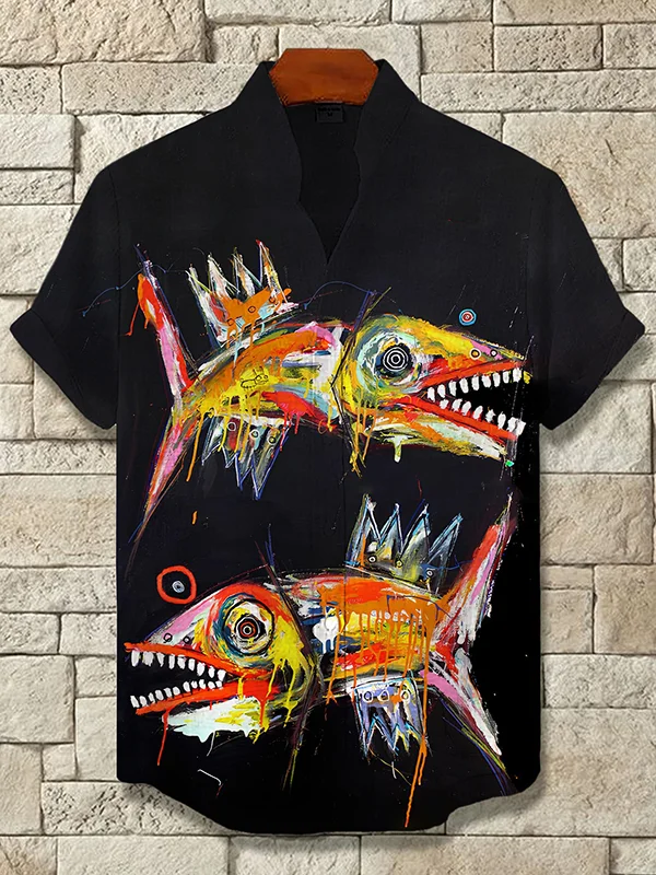 Men's Graffiti Fish Art Painting Print Casual Shirt