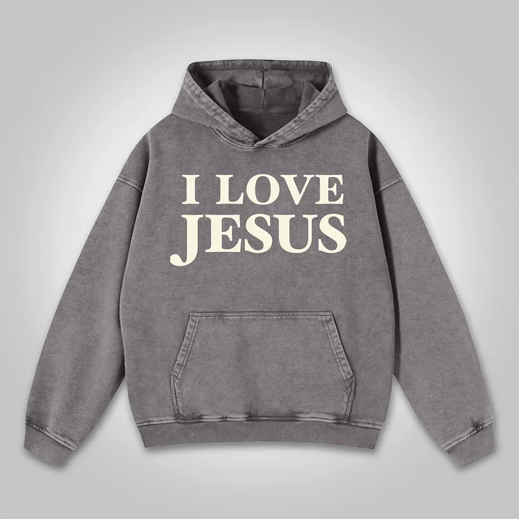 I Love Jesus. Jesus Loves The World Graphics Washed Distressed Pocket Hoodie