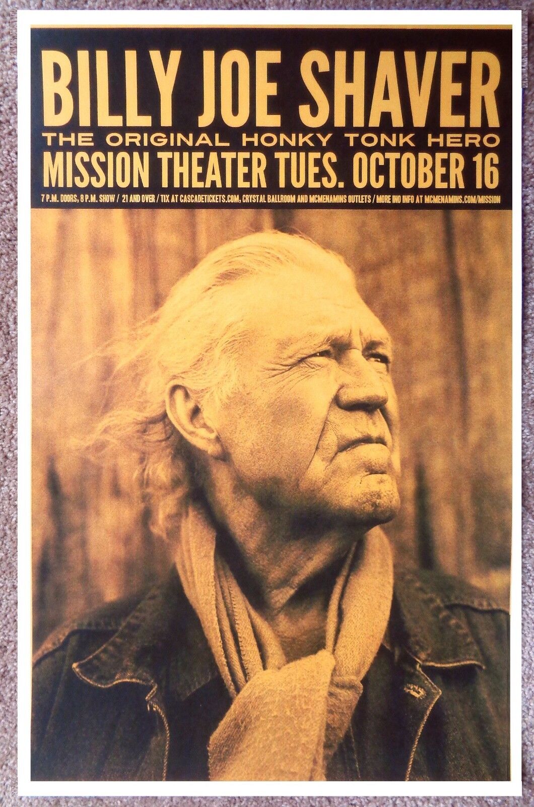 BILLY JOE SHAVER 2012 Gig POSTER Portland Oregon Concert