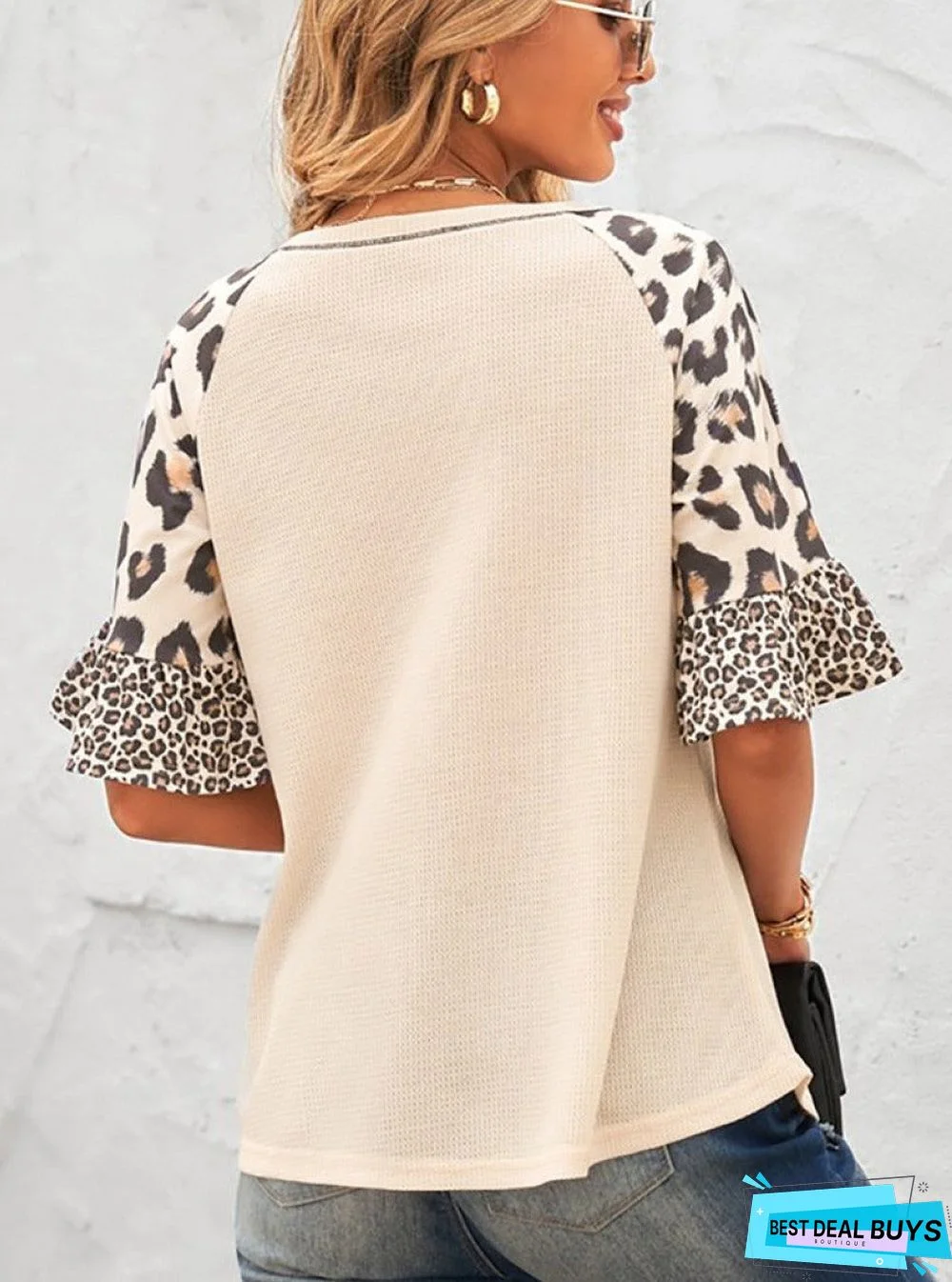 Women's Elegant Fashion Leopard-Print Patchwork Five-Quarter Sleeve T-Shirt