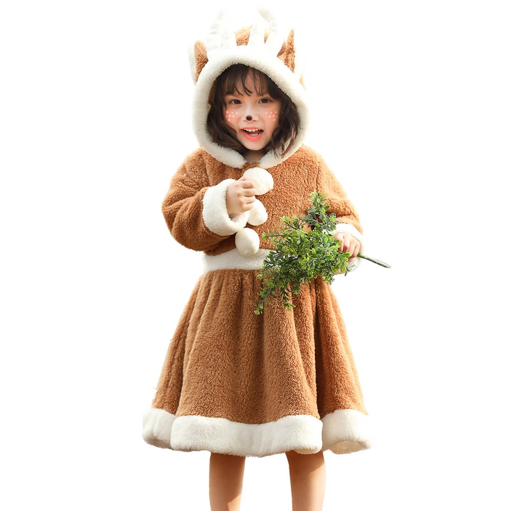 kids Christmas Costume Cute Reindeer Long Sleeve Hooded Dress Khaki Loose Pajamas Novameme