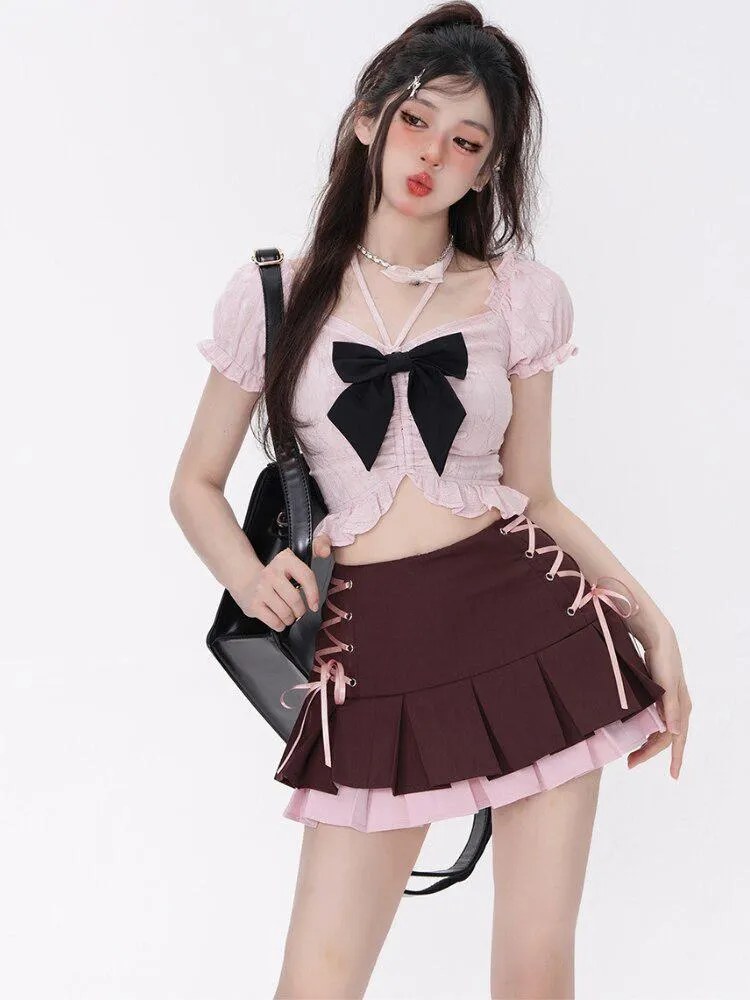 Brownm Mini Skirt With Top Two Piece Set