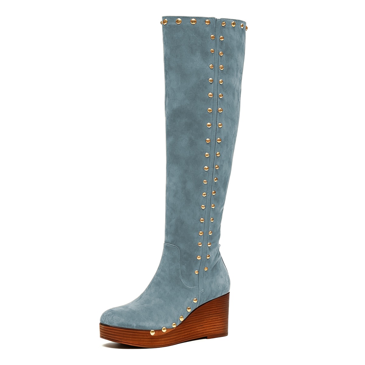 Blue Round Toe Studded Wedge Heel Zip Knee High Platform Boots Nicepairs