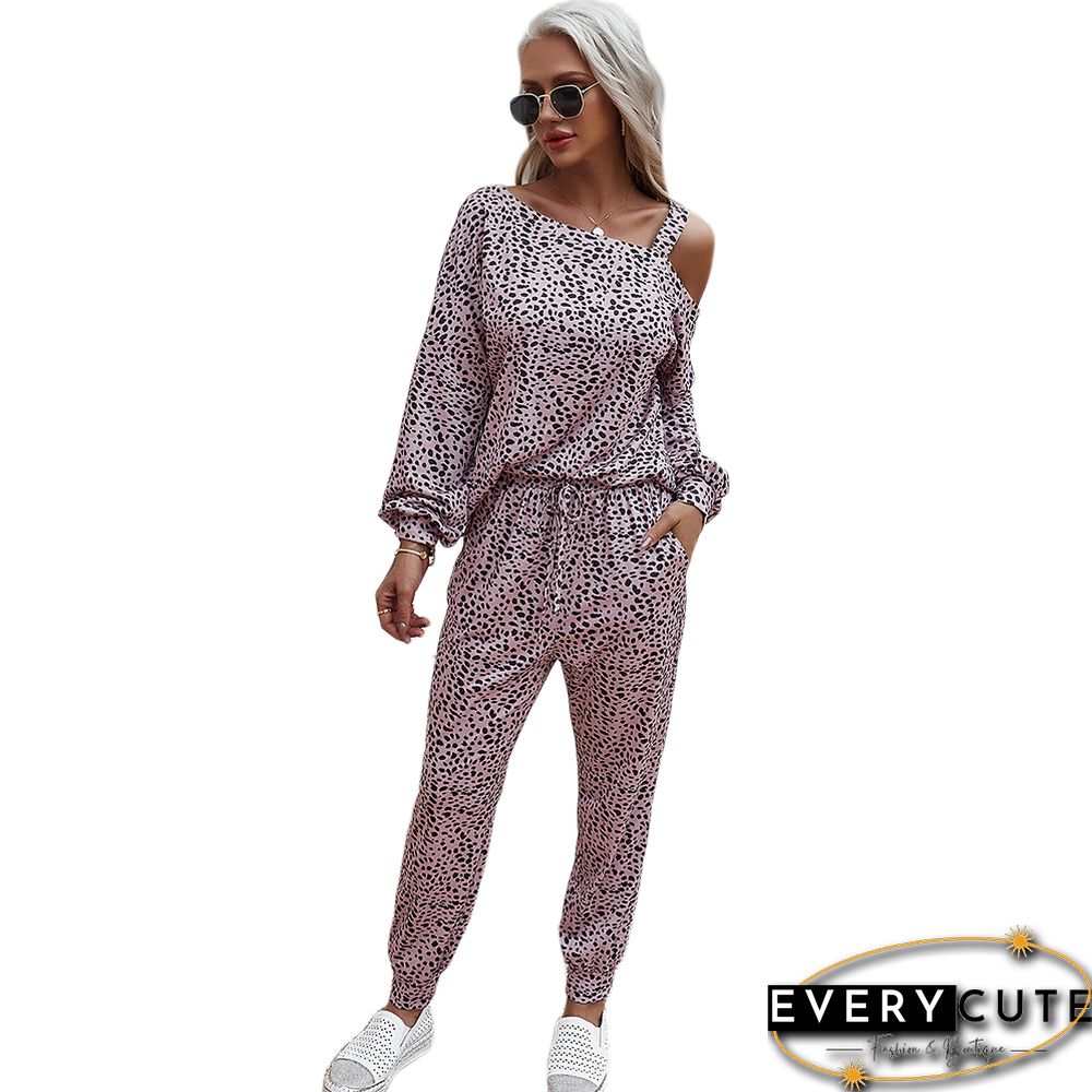 Pink Leopard Print Cold Shoulder Loungewear Pant Set