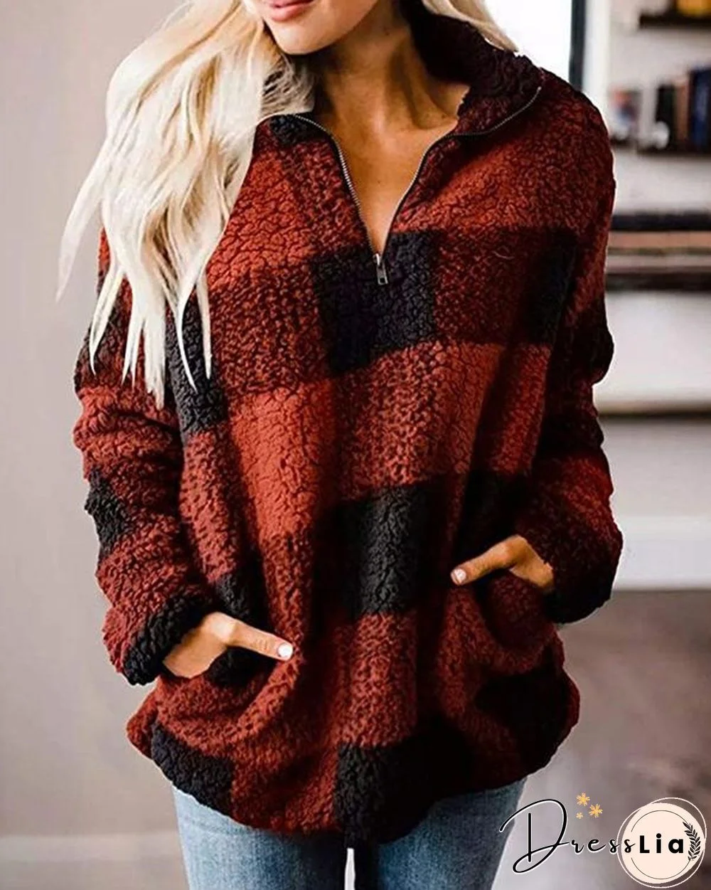 Plaid Print Plush Long Sleeve Sweatshirt For Women