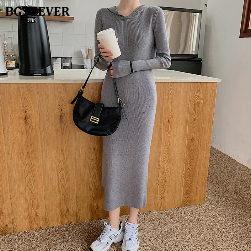 BGTEEVER New Autumn Hooded Side Split Female Knitted Dress Stretched Sweater Women Dress Casual Ladies Pullovers Vestidos 2021