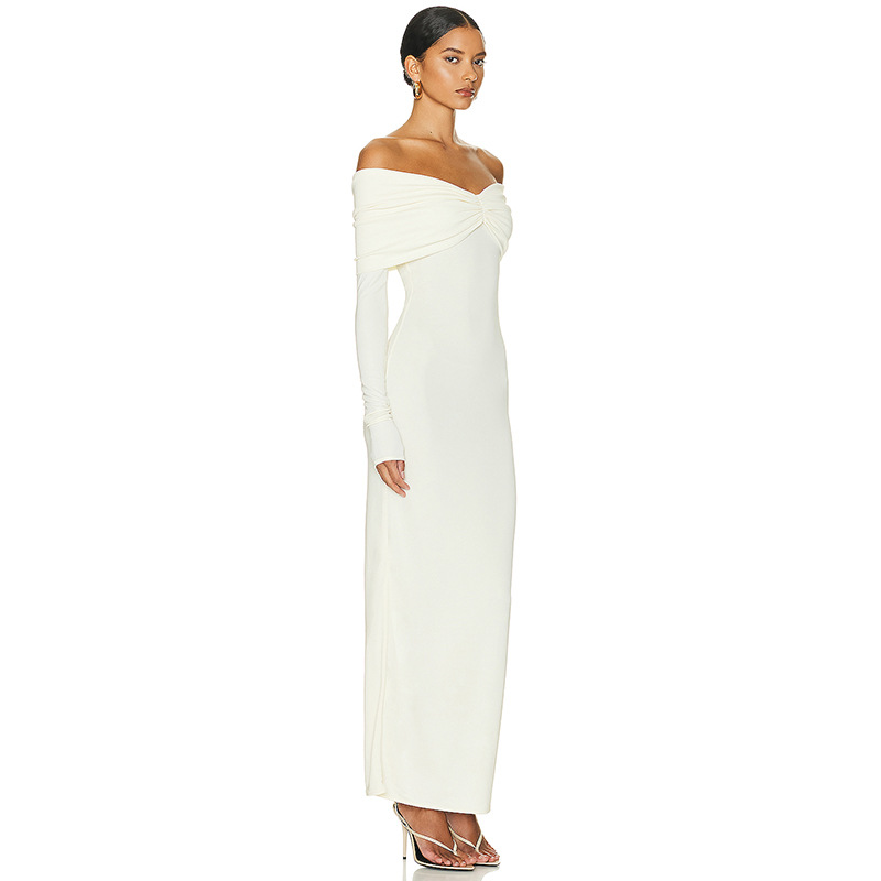 Ootddress White Pleated Slim Maxi Dress Elegant For Women Patchwork Off-Shoulder Fashion High Waist Dress Ladies Solid Party Dress