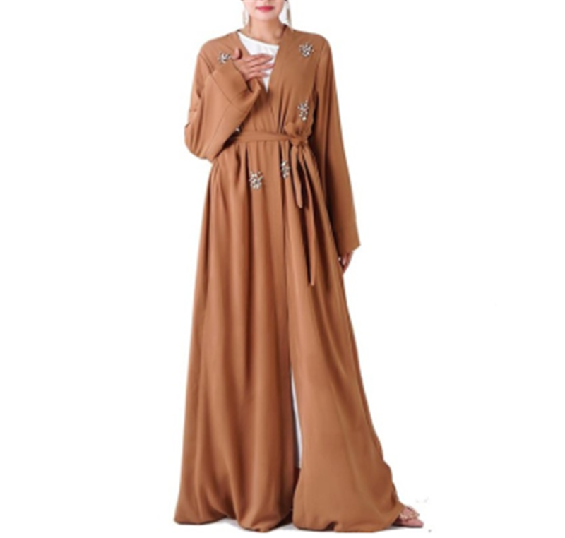 Mature Women Casual Nail Diamond Cardigan Long Skirt Robe Saudi Dress