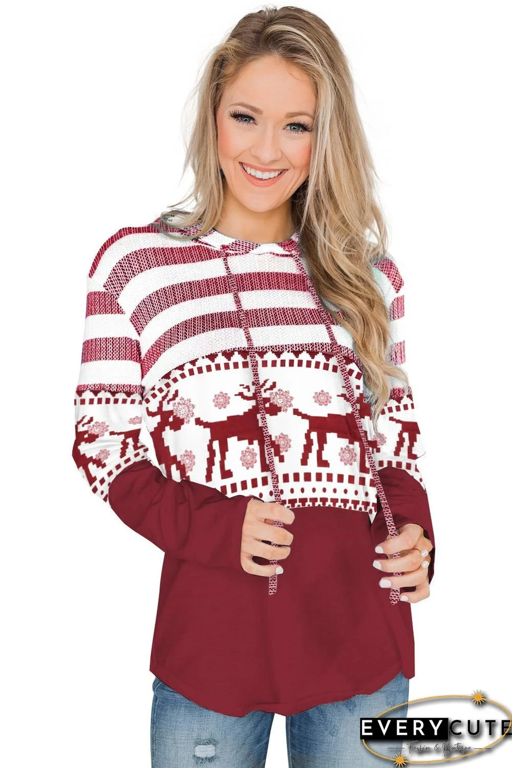 Stripes and Reindeer Print Pullover Hooded Sweatshirt