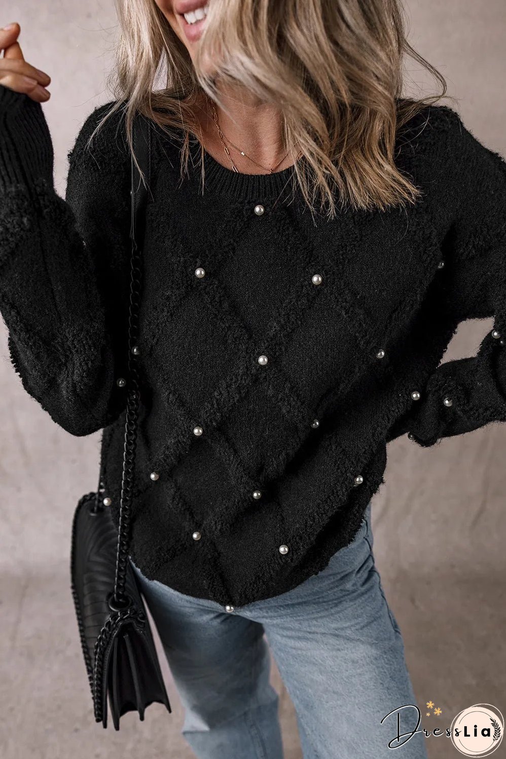 Black Pearl Embellished Rhombus Pattern Sweater