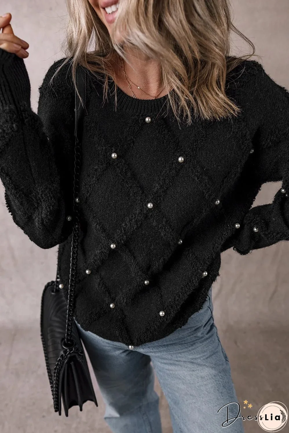 Black Pearl Embellished Rhombus Pattern Sweater