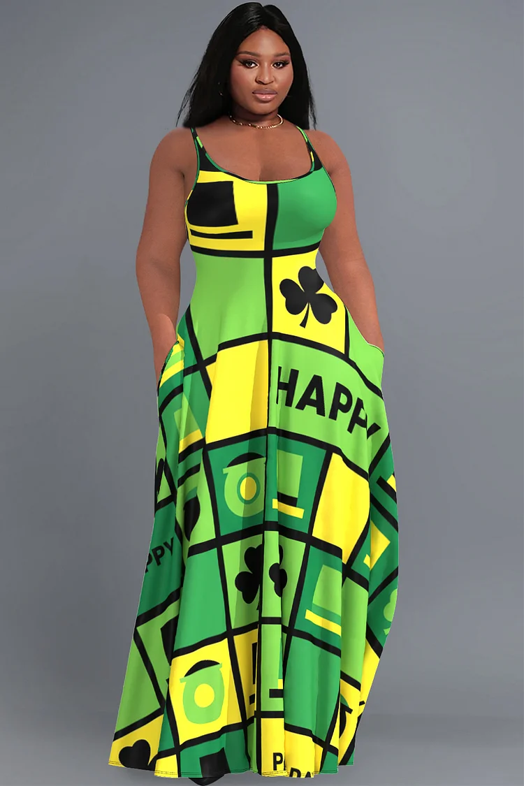 Xpluswear Design Plus Size Saint Patrick'S Day Green Sundress Graphic Square Neck Pocket Maxi Dresses 2024 - Xpluswear