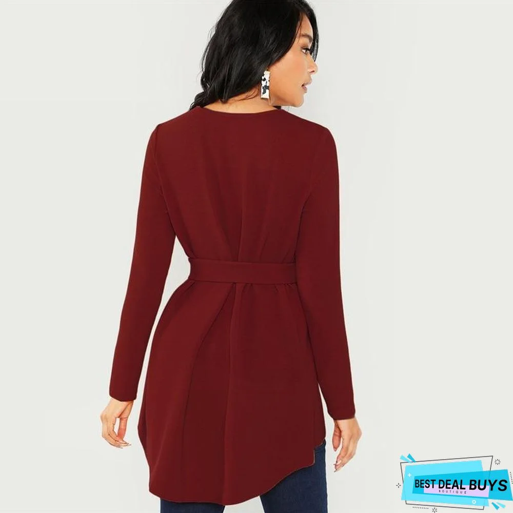 Burgundy Long Sleeve Blouse Elegant Self Belted Asymmetrical Hem Tops Blouses