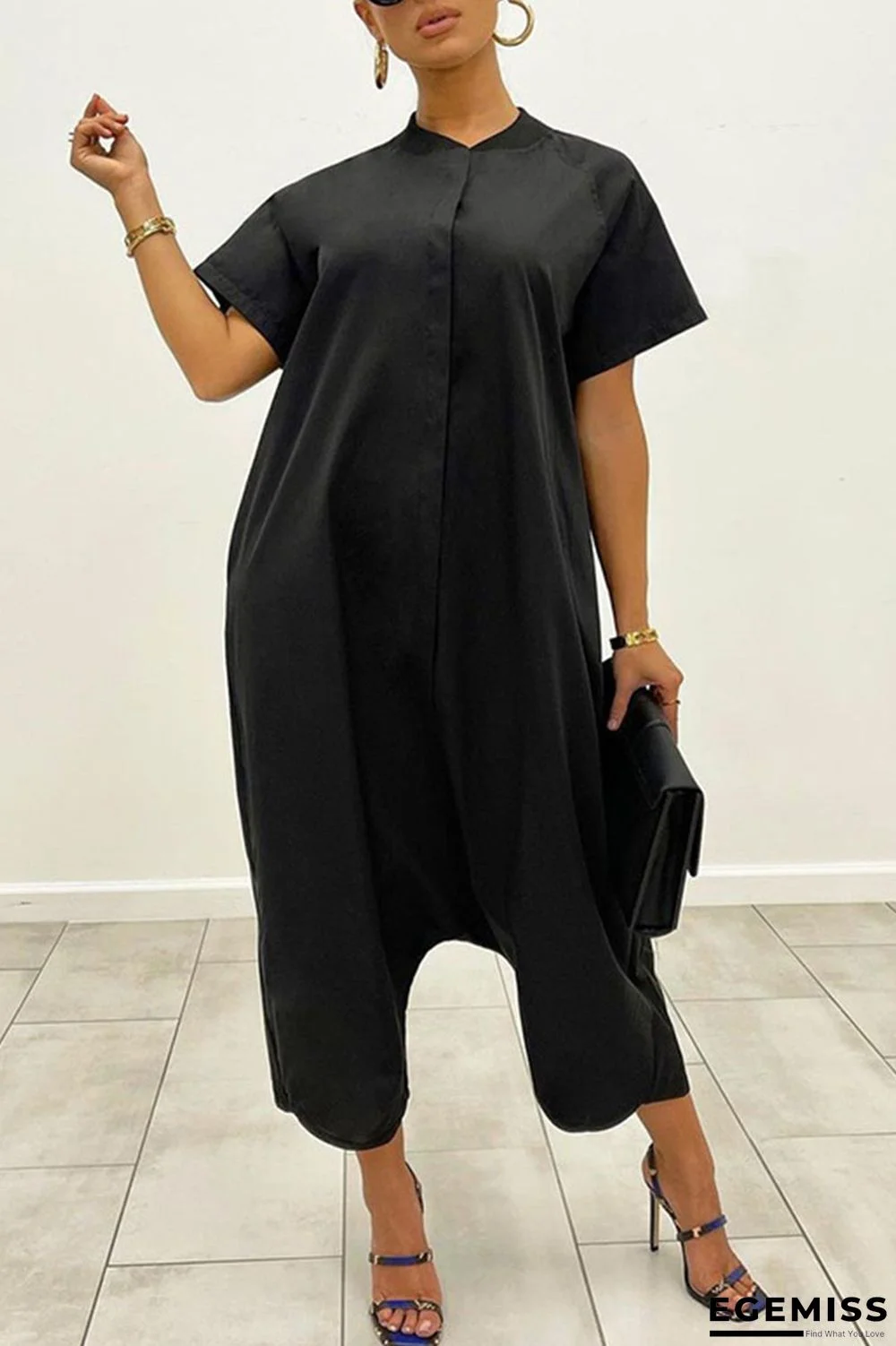 Black Casual Solid Patchwork Buckle O Neck Loose Jumpsuits | EGEMISS