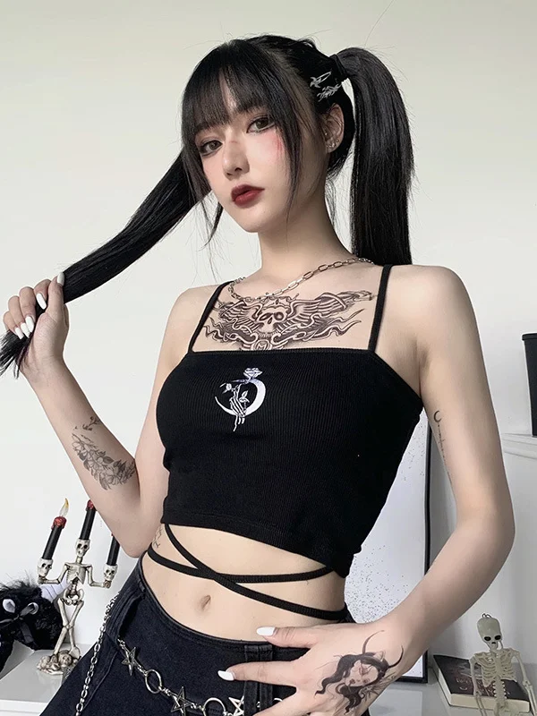 Sexy Girl Printed Lace Up Spaghetti Straps Slim Crop Top