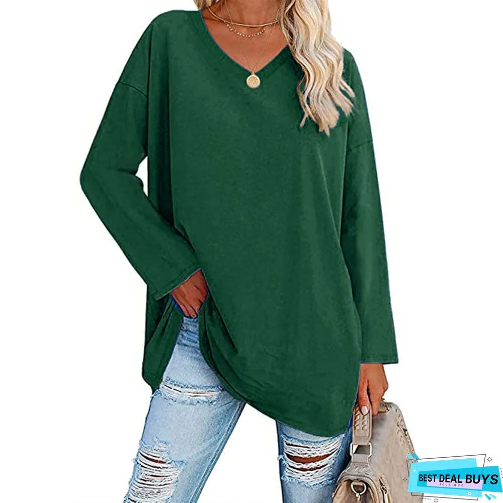 Solid Color Long Sleeve V-neck Dress