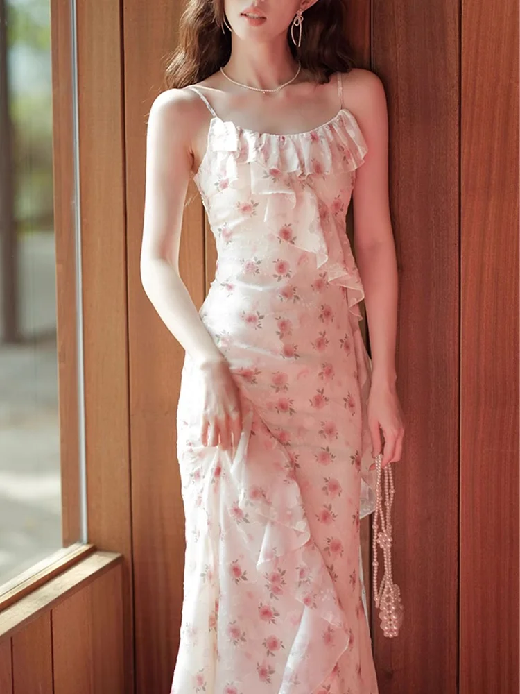 Pink Floral Suspender Fishtail Dress