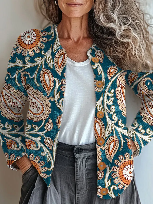 Vintage Flower Art Print Buttoned Cardigan Sweater