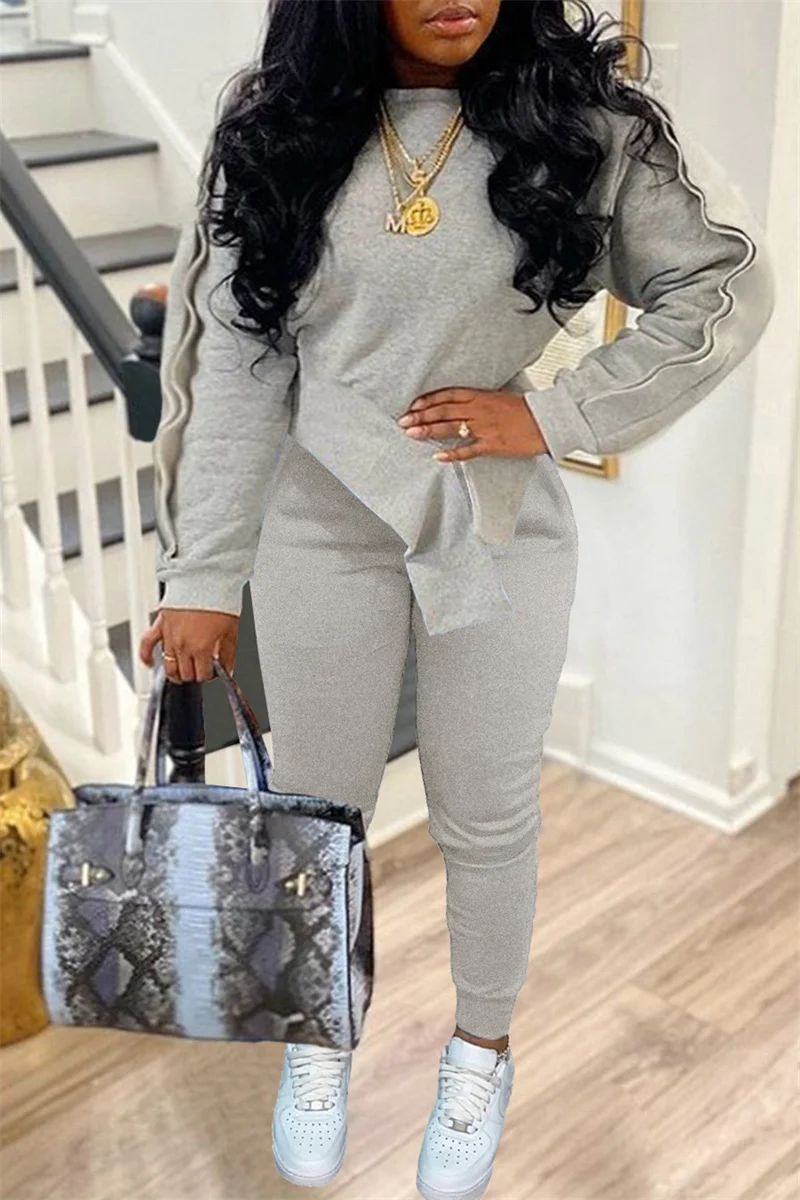 Light Gray Fashion Casual Solid Split Joint Asymmetrical O Neck Long Sleeve Two Pieces