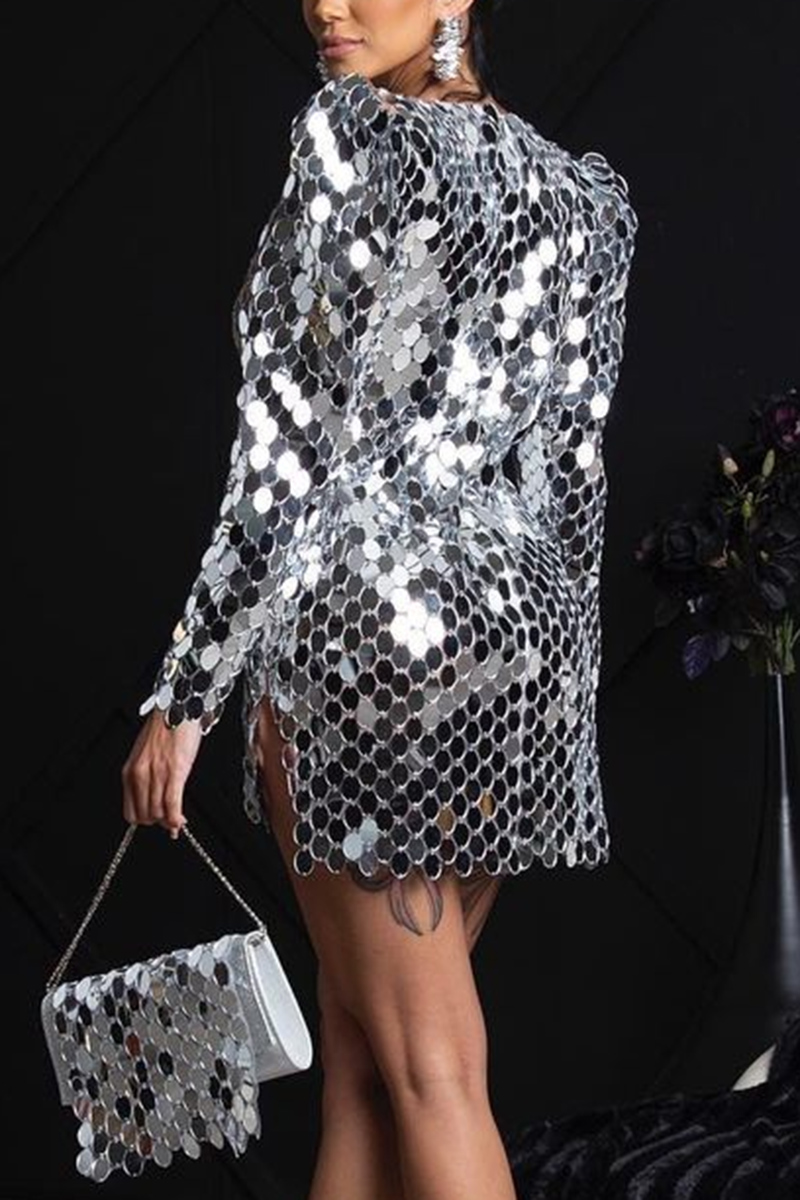 Plus Size Silver Party Reflective Sparkly Round Sequin Bodycon Mini Dress
