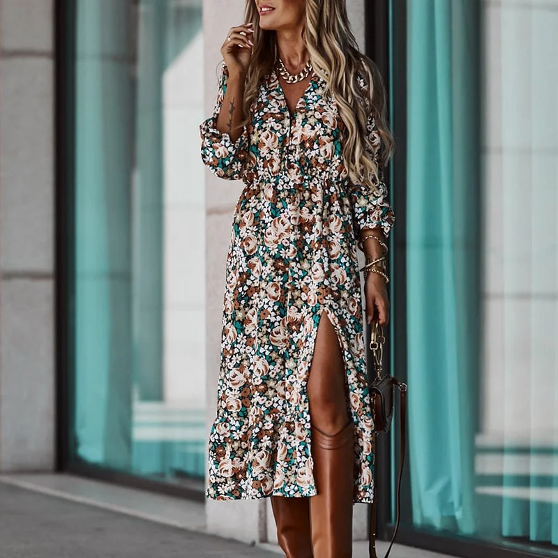 Women Floral Print V Neck Side Slit Party Dress Spring Autumn Long Sleeve Elegant Ladies Sexy Elastic Waist Slim Dress Vestidos