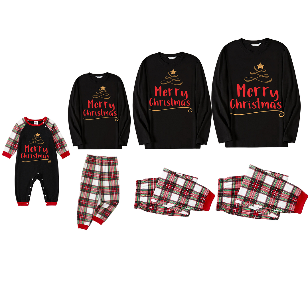 Merry Christmas Under Tree (Gold) - Black Top with Red & White & Green Plaid Pants Family Matching Pajama